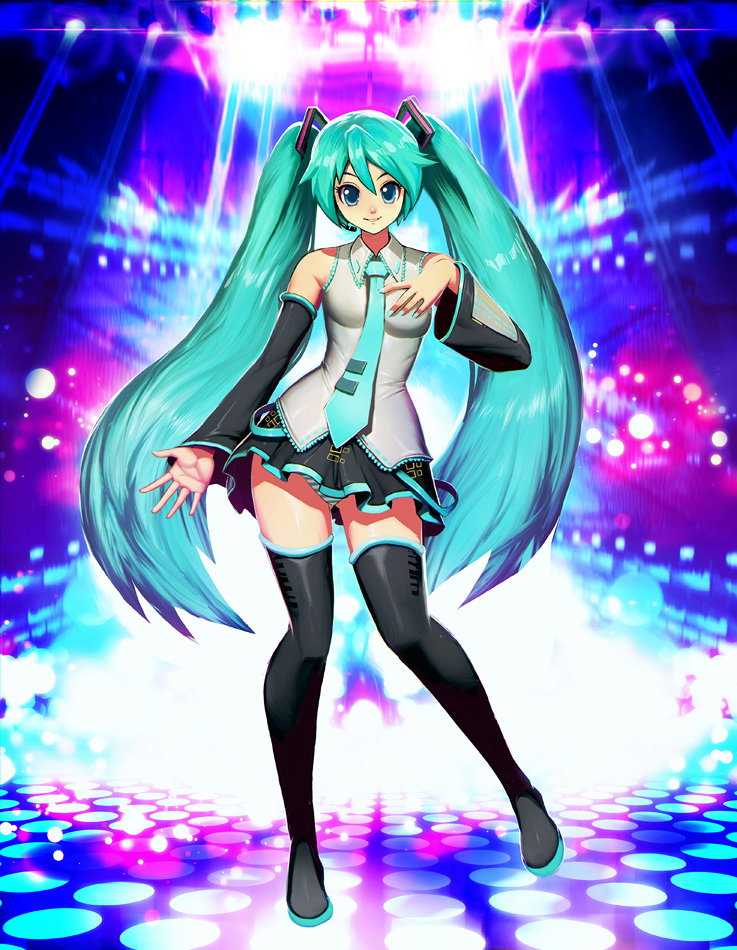1girl blue_eyes blue_hair blue_nails detached_sleeves full_body genzoman hatsune_miku long_hair looking_at_viewer nail_polish necktie open_mouth panties pantyshot pantyshot_(standing) revision signature skirt smile solo stage standing striped striped_panties thigh-highs twintails underwear very_long_hair vocaloid