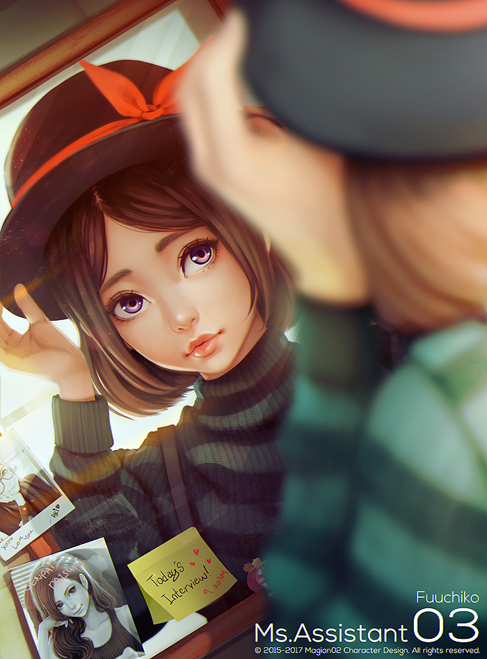 1girl adjusting_clothes adjusting_hat artist_name backpack bag brown_hair character_name copyright from_behind green_sweater hat looking_at_mirror magion02 mirror ms.assistant original photo_(object) red_ribbon ribbon sticky_note striped striped_sweater sweater violet_eyes