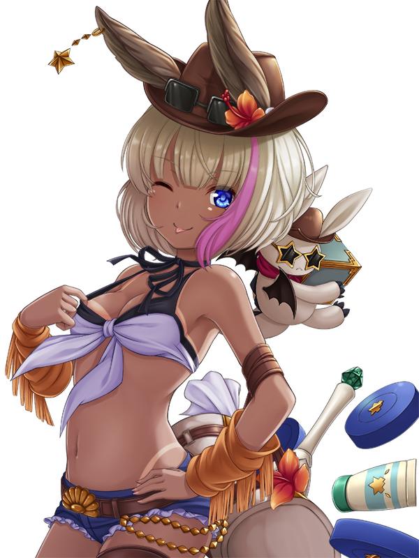 &gt;;p 1girl belt bikini_tan blue_eyes breasts brown_hat brown_legwear chloe_(granblue_fantasy) closed_mouth commentary demon_wings denim denim_shorts erun_(granblue_fantasy) eyebrows_visible_through_hair front-tie_top granblue_fantasy hand_on_hip hat looking_at_viewer medium_breasts multicolored_hair pink_hair rusha_(r_style) short_shorts shorts simple_background single_thighhigh smile solo star streaked_hair sunglasses tan tanline thigh-highs two-tone_hair white_background white_bikini_top white_hair wings