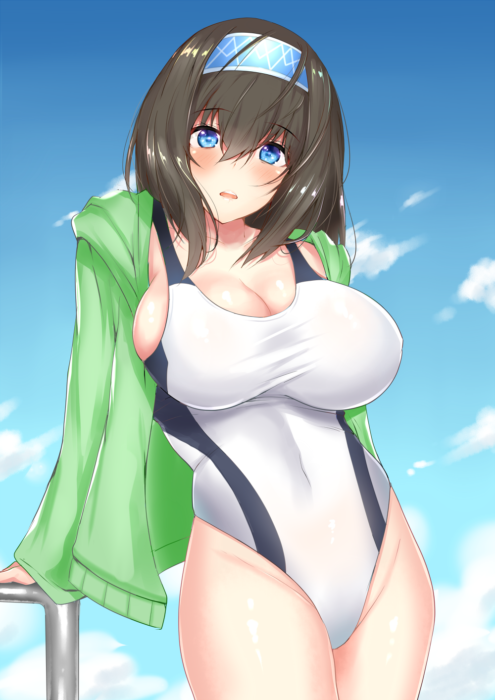 1girl arm_support bangs black_hair blue_eyes blue_hairband blue_sky blush breasts cleavage clouds collarbone commentary_request competition_swimsuit covered_navel day green_jacket hair_between_eyes hairband highres hips hood hoodie idolmaster idolmaster_cinderella_girls jacket large_breasts long_hair looking_at_viewer one-piece_swimsuit open_clothes open_jacket open_mouth pool_ladder railing sagisawa_fumika sankakusui sideboob skindentation sky swimsuit thighs waist white_swimsuit