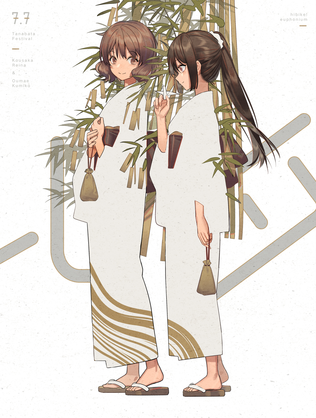 2girls bangs brown_eyes brown_hair character_name closed_mouth commentary_request copyright_name eyebrows_visible_through_hair from_side hibike!_euphonium highres holding holding_paper japanese_clothes kimono kousaka_reina looking_at_another multiple_girls no_socks obi origami oumae_kumiko paper paper_crane plant ponytail profile sandals sash short_hair smile standing tanabata walking zicai_tang