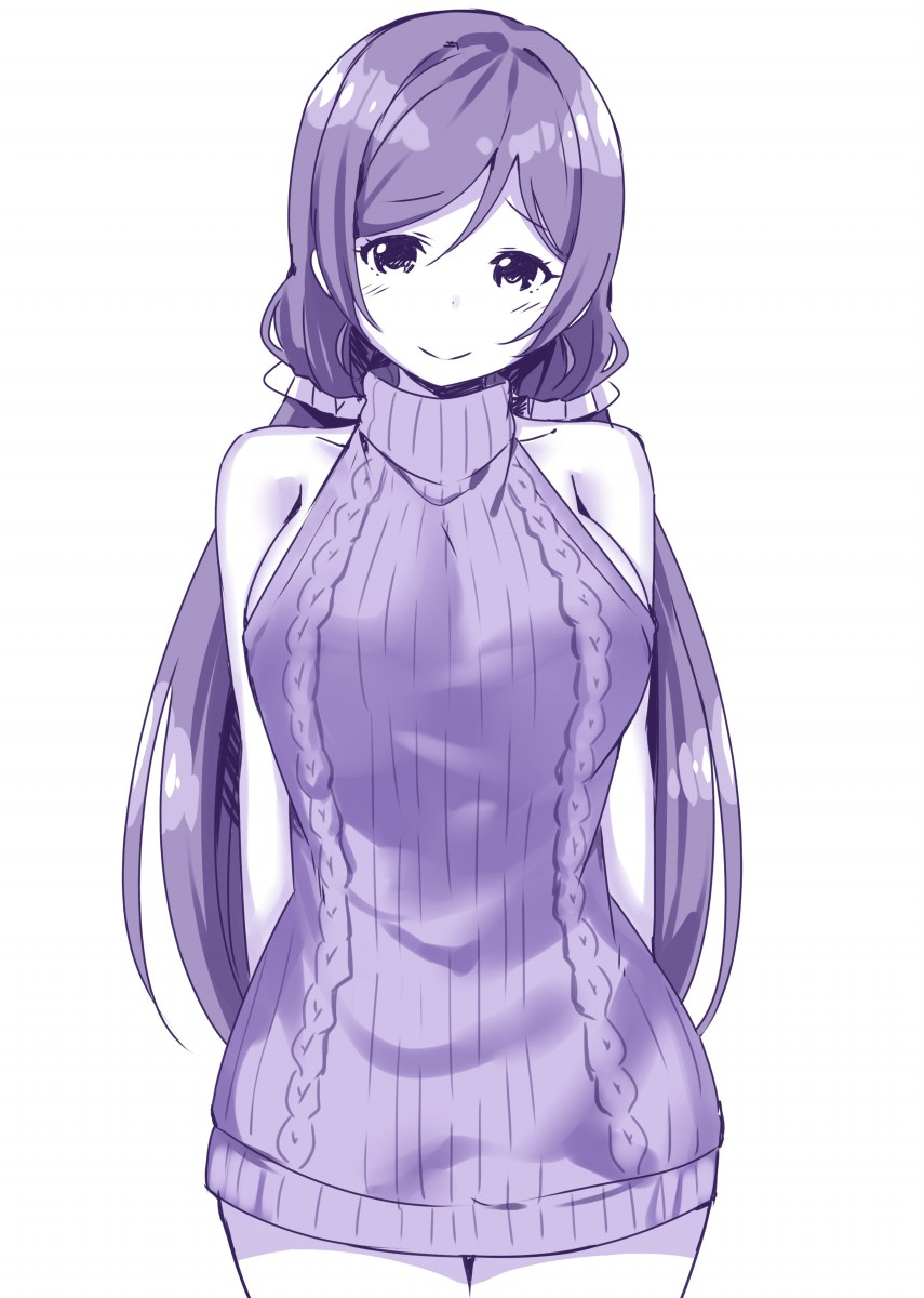 1girl arms_at_sides arms_behind_back breasts commentary_request cowboy_shot highres large_breasts long_hair looking_at_viewer love_live! love_live!_school_idol_project meme_attire monochrome purple ribbed_sweater simple_background sky_(freedom) sleeveless smile solo sweater toujou_nozomi turtleneck turtleneck_sweater twintails virgin_killer_sweater white_background