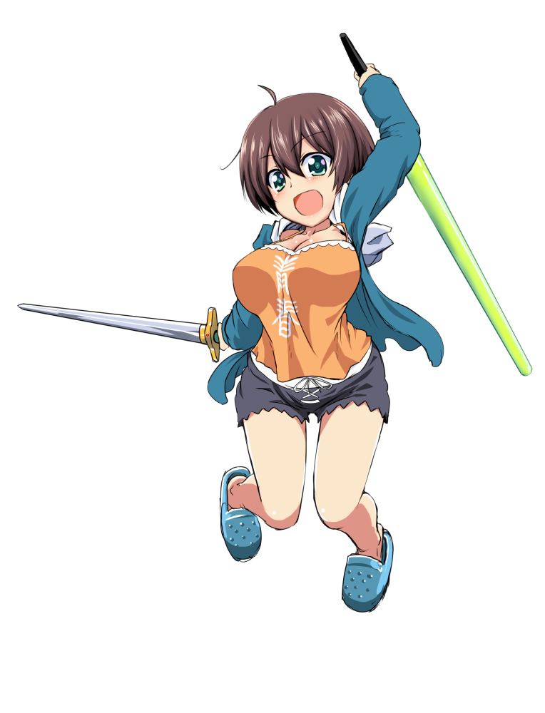 1girl :d ahoge arm_up beam_saber black_shorts breasts brown_hair cleavage eyebrows_visible_through_hair full_body green_eyes hair_betweene_eyes holding holding_sword holding_weapon large_breasts new_game! open_mouth orange_shirt shinoda_hajime shiny shiny_skin shirt short_hair short_shorts shorts simple_background smile solo sword take_(shokumu-taiman) weapon white_background