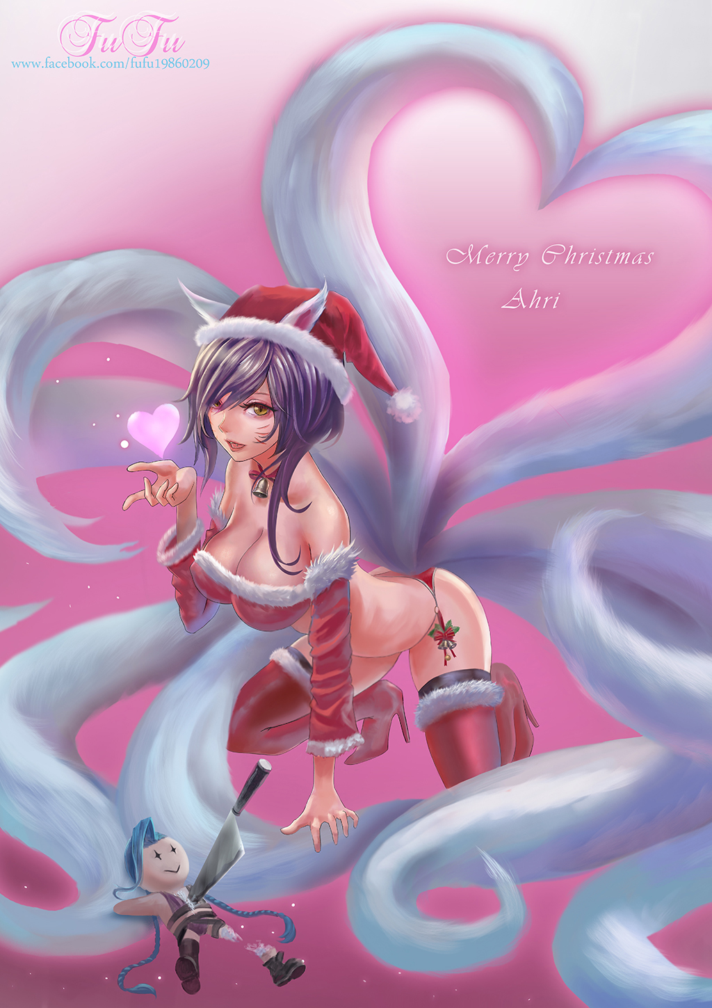 1girl ahri animal_ears bell bell_collar boots breasts brown_eyes character_doll character_name cleavage collar detached_sleeves fangs fox_ears fox_tail fufu fur-trimmed_bikini fur-trimmed_boots fur-trimmed_sleeves fur_trim hat heart heart_tail high_heel_boots high_heels highres jinx_(league_of_legends) kitchen_knife kneeling large_breasts league_of_legends merry_christmas midriff multiple_tails open_mouth purple_hair santa_hat slit_pupils solo tail thigh-highs thigh_boots whisker_markings