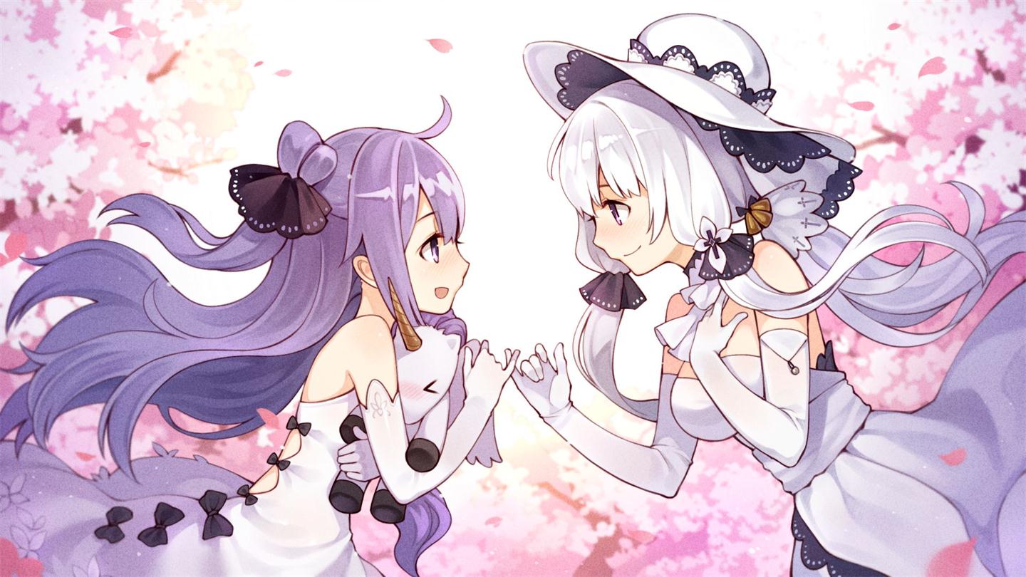 &gt;_&lt; 2girls :d age_difference bare_shoulders bilan_hangxian blush bow commentary_request dress elbow_gloves eye_contact gloves hand_on_own_chest hat illustrious_(bilan_hangxian) long_hair looking_at_another low_twintails multiple_girls open_mouth petals pinky_swear purple_hair smile strapless strapless_dress stuffed_animal stuffed_toy stuffed_unicorn tsubasa_tsubasa twintails unicorn_(bilan_hangxian) violet_eyes white_dress white_gloves white_hair yuri