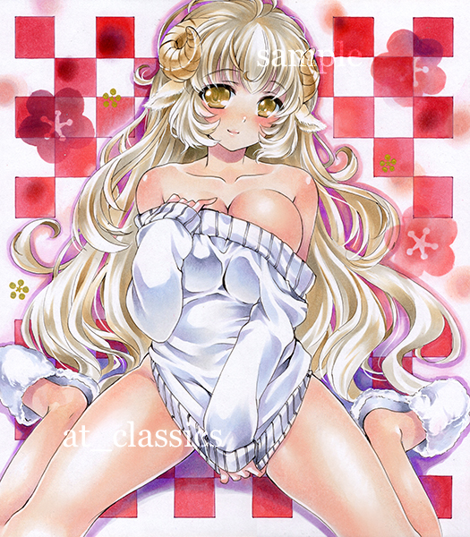 1girl animal_ears artist_name at_classics bangs blonde_hair blush bottomless breasts checkered checkered_background cleavage closed_mouth eyebrows_visible_through_hair flower horns large_breasts long_hair long_sleeves looking_at_viewer off-shoulder_sweater original sample sheep_ears sheep_horns sitting slippers solo sweater traditional_media very_long_hair wariza watermark white_sweater yellow_eyes