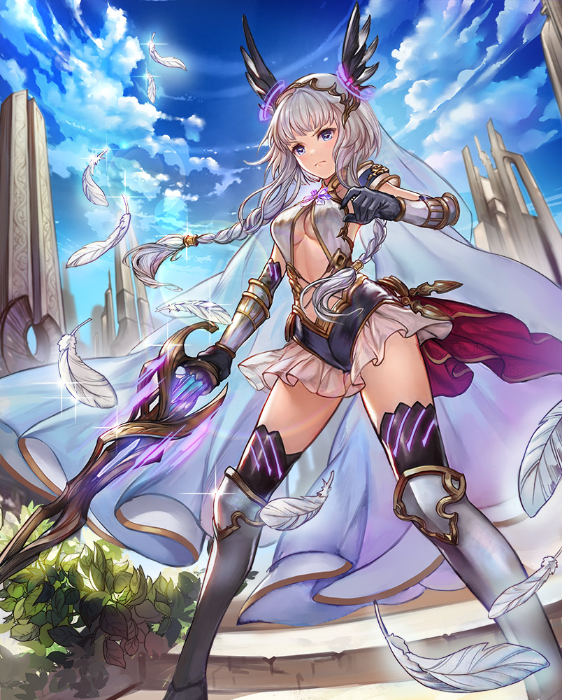 1girl armor armored_boots bangs black_gloves black_legwear blue_eyes blue_sky boots breasts bush closed_mouth clouds cloudy_sky day feathers floating_hair glint gloves holding holding_weapon legs_apart leotard long_hair medium_breasts official_art original outdoors pauldrons redamon serious silver_hair skirt sky solo stairs standing thigh-highs vambraces veil weapon white_skirt
