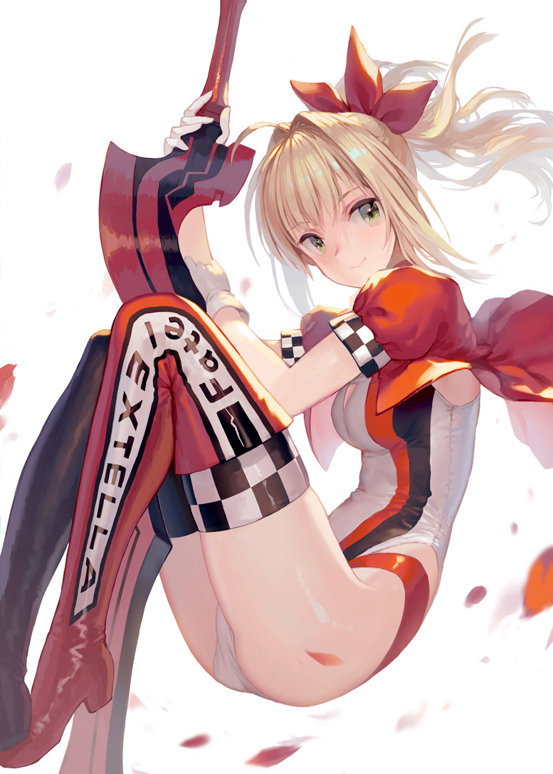 1girl aestus_estus ass bangs black_footwear black_legwear blonde_hair boots breasts closed_mouth commentary_request cropped_jacket eyebrows_visible_through_hair fate/extra fate_(series) gloves green_eyes hair_intakes hair_ribbon high_heel_boots high_heels holding holding_sword holding_weapon jacket knees_up medium_breasts mismatched_footwear mismatched_legwear nero_claudius_(fate) nero_claudius_(fate)_(all) petals ponytail puffy_short_sleeves puffy_sleeves racequeen red_footwear red_jacket red_legwear red_ribbon ribbon ritsuki short_sleeves sidelocks sitting smile solo sword thigh-highs thigh_boots weapon white_background white_gloves white_legwear