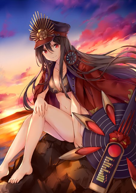 1girl bangs bare_legs barefoot bikini black_bikini black_hair breasts cleavage closed_mouth clouds collarbone demon_archer evening fate/grand_order fate_(series) guitar hair_between_eyes hat headphones headphones_around_neck horizon instrument jacket_on_shoulders long_hair looking_at_viewer medium_breasts navel oda_nobunaga_(swimsuit_berserker)_(fate) peaked_cap red_eyes sidelocks sitting smile solo sunset swimsuit thighs wataame27 water weapon