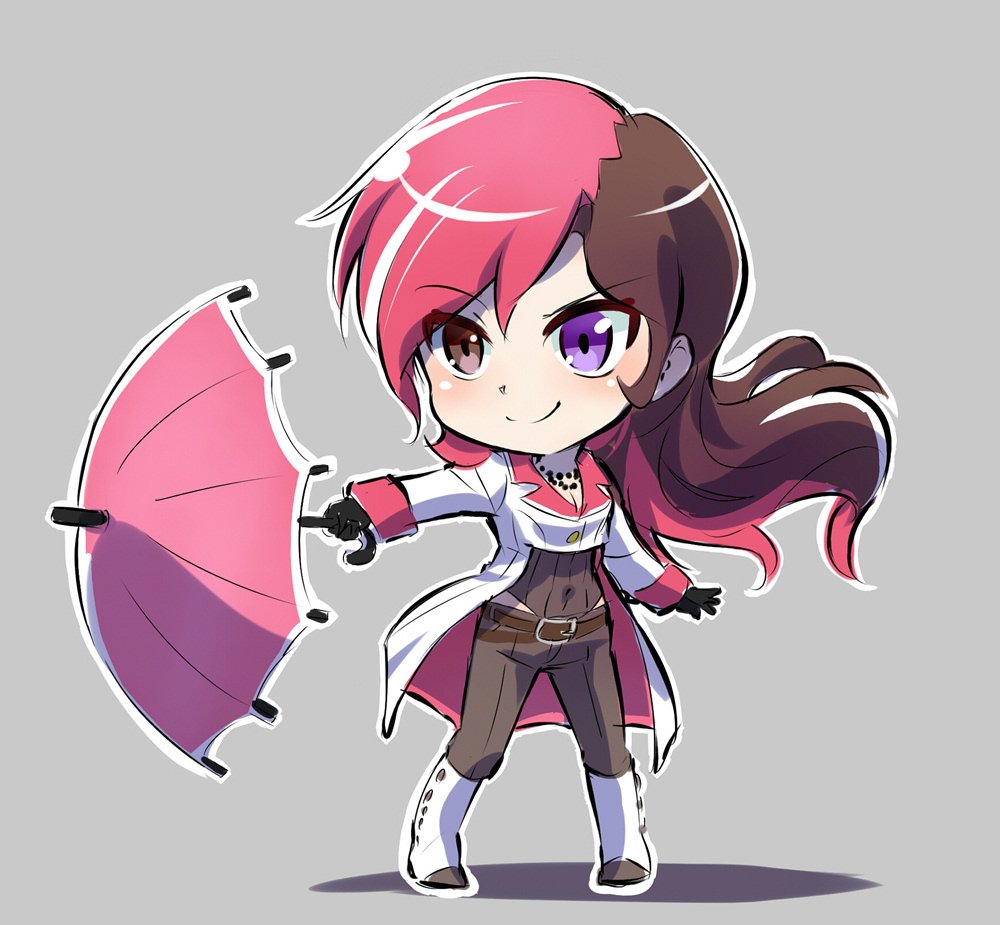 1girl bead_necklace beads black_gloves boots breasts brown_eyes brown_hair check_commentary chibi cleavage commentary_request gloves heterochromia iesupa jewelry multicolored_hair navel necklace neo_(rwby) parasol pink_hair rwby rwby_chibi smile solo umbrella violet_eyes white_boots