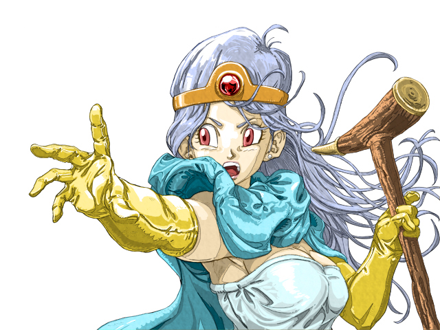 1girl blue_hair blush breasts cape circlet cleavage dragon_quest dragon_quest_iii elbow_gloves gloves large_breasts long_hair open_mouth red_eyes sage_(dq3) solo staff