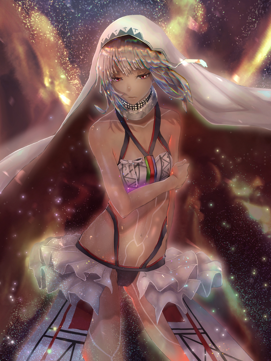 1girl altera_(fate) arm_grab breasts fate/grand_order fate_(series) gluteal_fold grey_hair highres navel nebula red_eyes red_hod short_hair small_breasts solo star_(sky) tan_skin thighs veil