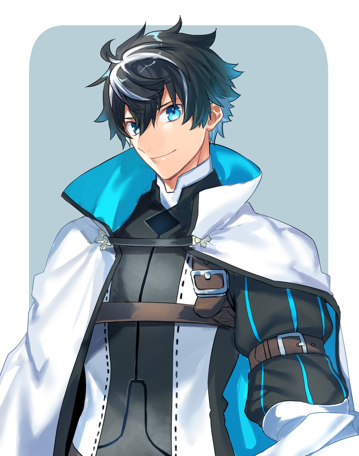 1boy blue_background blue_eyes cape fate/extella fate/extella_link fate/extra fate_(series) highres juliet_sleeves long_sleeves looking_at_viewer male_focus multicolored_hair puff_and_slash_sleeves puffy_sleeves saber_(fate/extella_link) seseragi_azuma simple_background smile solo two-tone_hair white_cape