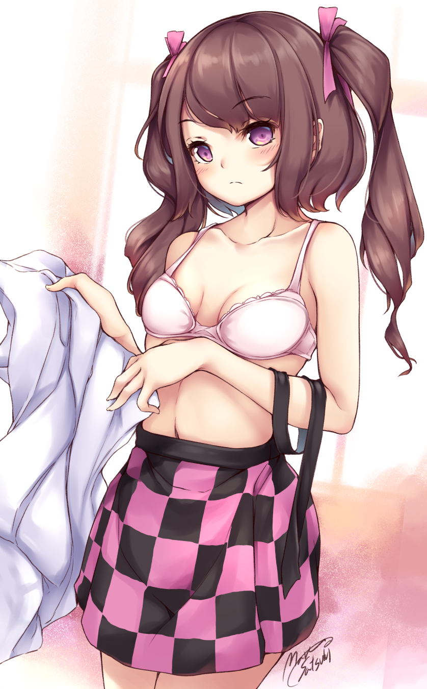 1girl artist_name bangs bare_arms bra breasts brown_hair checkered checkered_skirt cleavage collarbone cowboy_shot hair_ribbon highres himekaidou_hatate long_hair looking_at_viewer maremay0513 pink_bra pink_skirt ribbon shirt shirt_removed signature skirt small_breasts solo touhou twintails underwear violet_eyes white_shirt