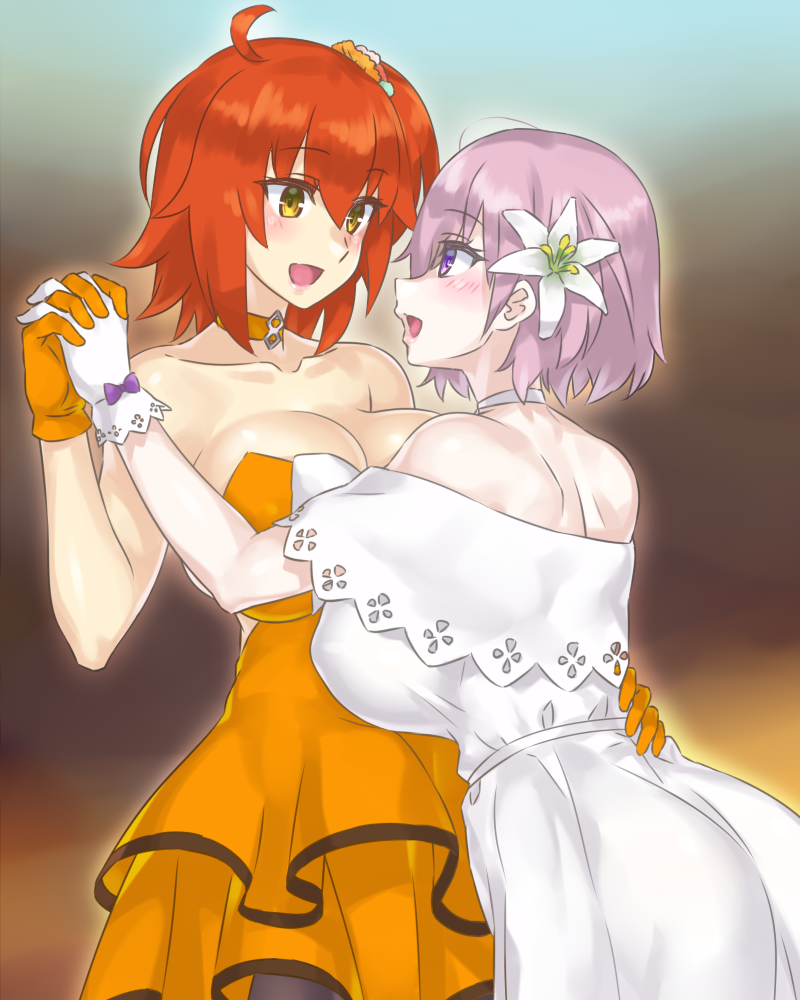 2girls :d ahoge alternate_costume arm back bare_arms bare_back bare_shoulders blush breasts choker cleavage collarbone couple dancing dress evuoaniramu eye_contact fate/grand_order fate_(series) female_protagonist_(fate/grand_order) flower formal friends fujimaru_ritsuka_(female) hair_between_eyes hair_flower hair_ornament hair_over_one_eye hair_scrunchie hand_holding hand_up happy highres interlocked_fingers large_breasts lavender_hair lily_(flower) lips looking_at_another multiple_girls mutual_yuri neck off-shoulder_dress open_mouth orange_choker orange_dress orange_gloves orange_hair scrunchie shielder_(fate/grand_order) short_hair side_ponytail smile standing strapless strapless_dress type-moon violet_eyes white_choker white_dress white_flower white_gloves yellow_eyes yuri