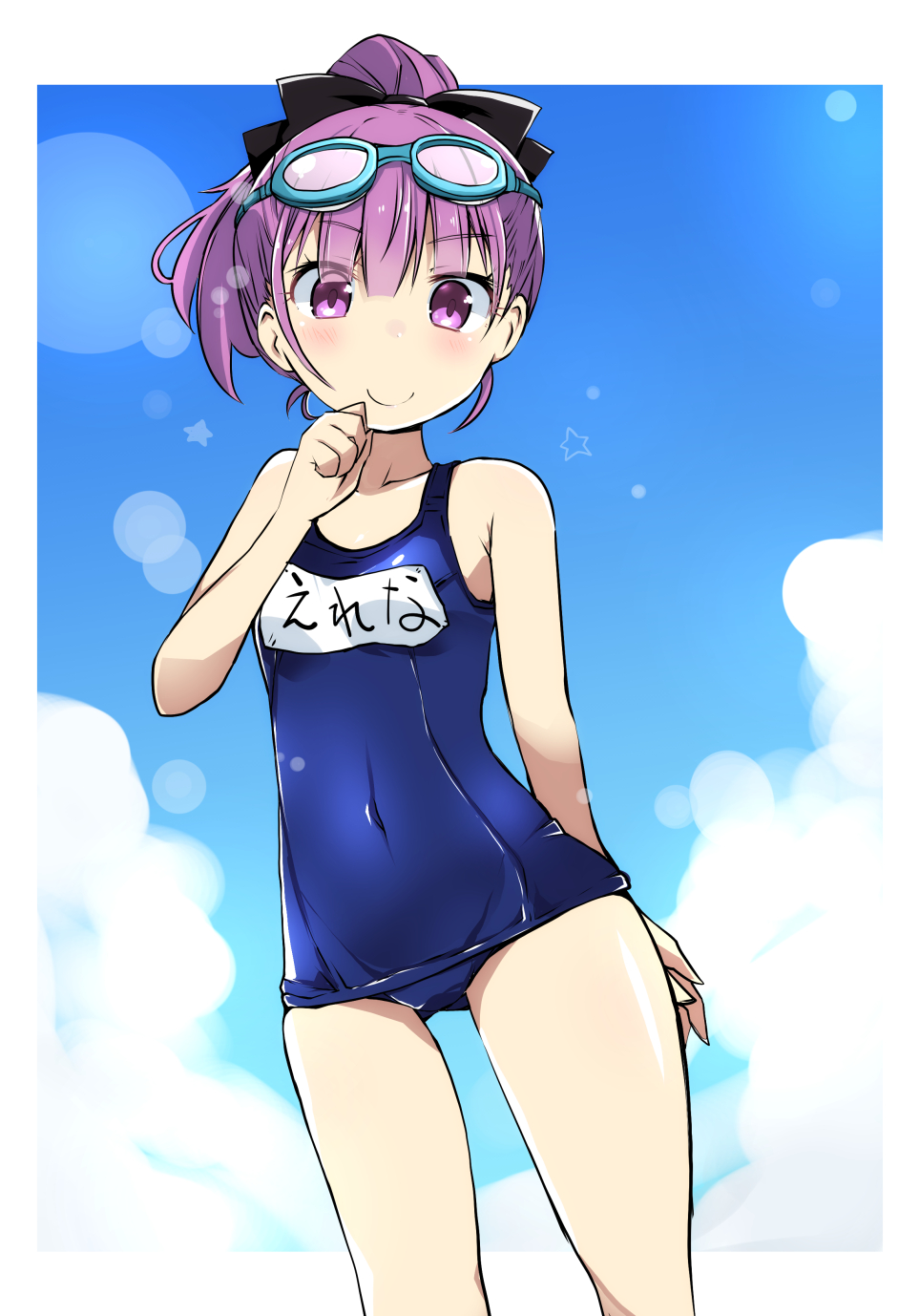1girl black_ribbon cowboy_shot fate/grand_order fate_(series) goggles goggles_on_head hair_ribbon helena_blavatsky_(fate/grand_order) helena_blavatsky_(swimsuit_archer)_(fate) highres looking_at_viewer ponytail purple_hair ribbon school_swimsuit shirogane_(platinum) short_hair smile solo standing swimsuit violet_eyes