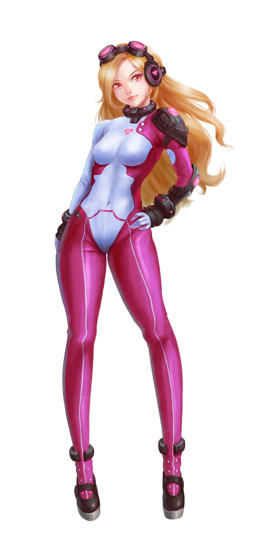 1girl armor blonde_hair bodysuit breasts closed_mouth collar commentary contrapposto covered_navel dao_dao full_body goggles goggles_on_head hand_on_hip head_tilt highres light_smile long_hair looking_at_viewer medium_breasts multicolored multicolored_bodysuit multicolored_clothes pink_bodysuit red_eyes science_fiction simple_background solo standing white_background white_bodysuit