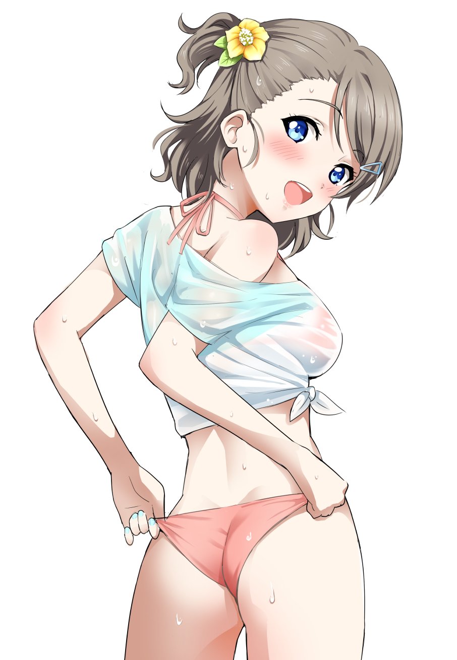 1girl :d adjusting_clothes adjusting_swimsuit alternate_hairstyle ass bikini bikini_under_clothes blue_eyes blue_nails blush breasts brown_hair cowboy_shot crop_top flower from_behind hair_flower hair_ornament hairclip halterneck highres love_live! love_live!_sunshine!! medium_breasts nail_polish off_shoulder one_side_up open_mouth pink_bikini rozen5 see-through shirt simple_background smile solo swimsuit tied_shirt watanabe_you wet wet_hair white_background
