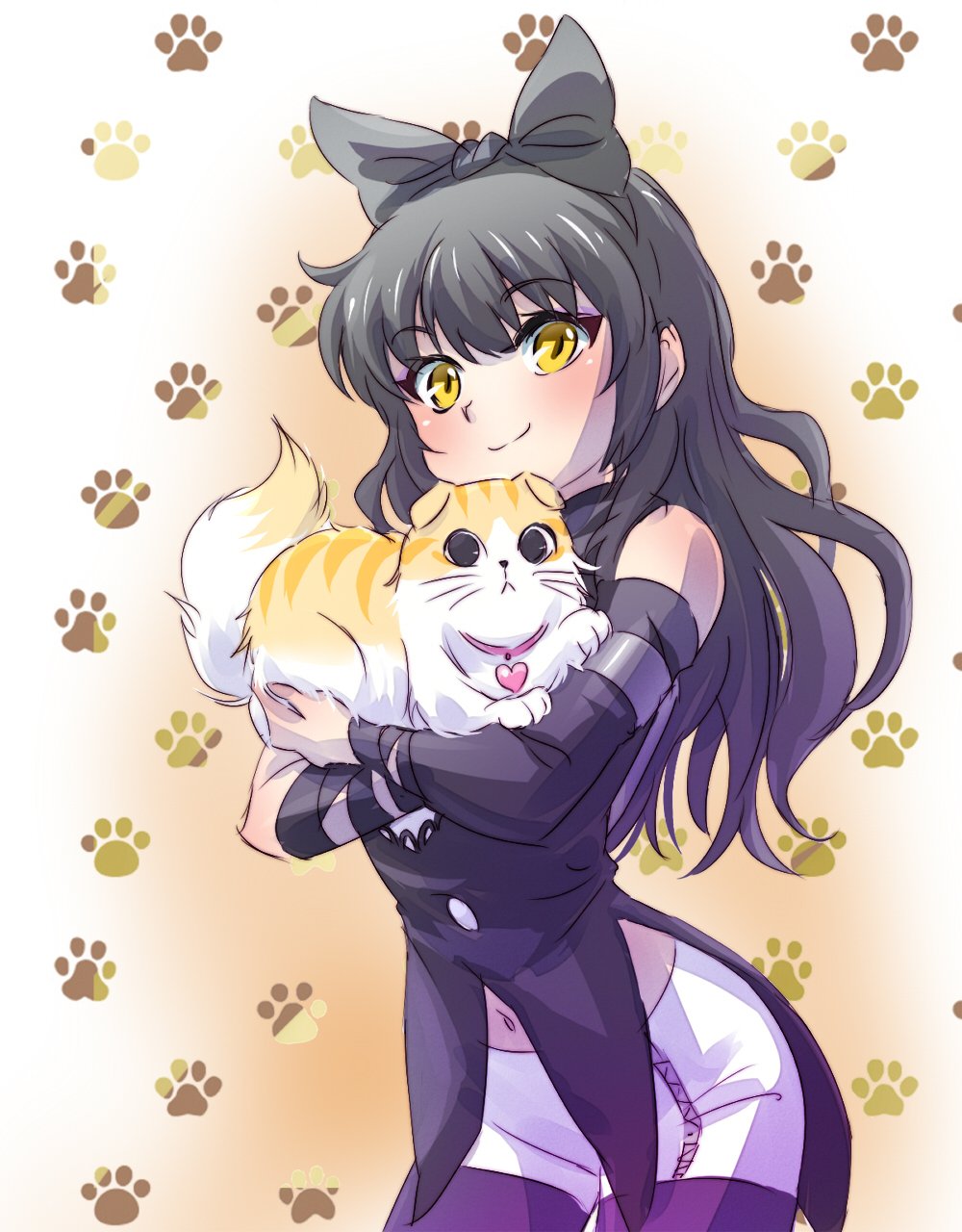 1girl black_hair blake_belladonna bow cat collar ears_down hair_bow highres iesupa navel paw_print rwby smile yellow_eyes