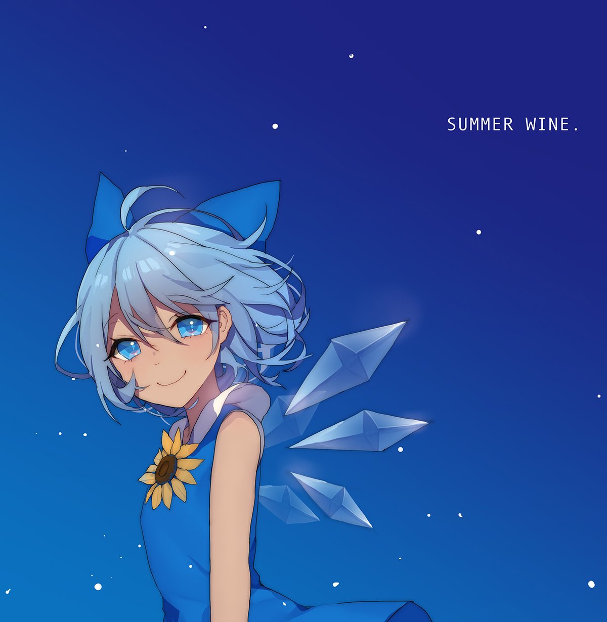 1girl acidear ahoge bangs blue_background blue_bow blue_dress blue_eyes bow cirno closed_mouth dress english eyebrows_visible_through_hair flower from_side hair_between_eyes hair_bow highres ice ice_wings looking_at_viewer short_hair sleeveless smile solo sunflower tanned_cirno touhou upper_body wings