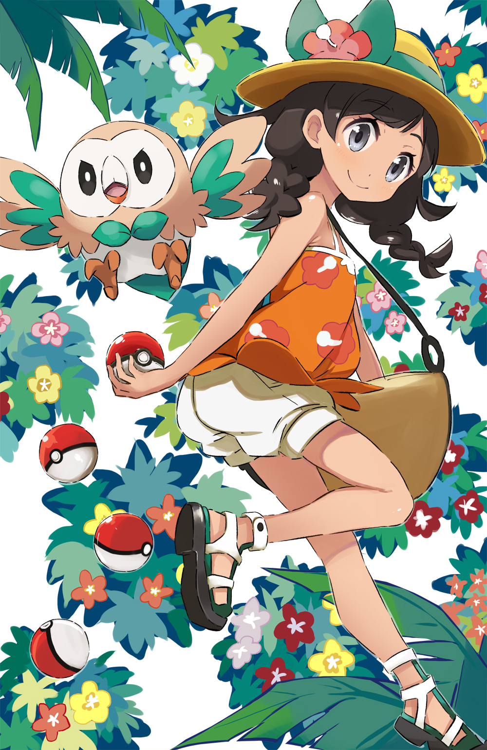 1girl abe_kanari bag bangs bare_arms black_eyes black_hair blush braid bush eyebrows_visible_through_hair floral_print flower from_side full_body hat highres leaf looking_at_viewer mizuki_(pokemon_ultra_sm) one_leg_raised poke_ball pokemon pokemon_(game) pokemon_ultra_sm rowlet shorts simple_background smile sun_hat swept_bangs tank_top twin_braids white_background white_shorts