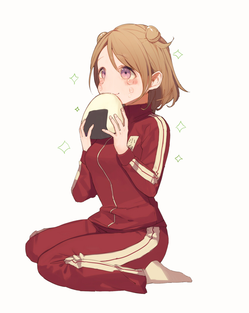 1girl barefoot blush breasts brown_hair closed_mouth double_bun eyebrows_visible_through_hair jacket koizumi_hanayo looking_away love_live! love_live!_school_idol_project medium_breasts misoni_comi name_tag short_hair sitting sketch smile solo track_jacket track_suit violet_eyes wariza