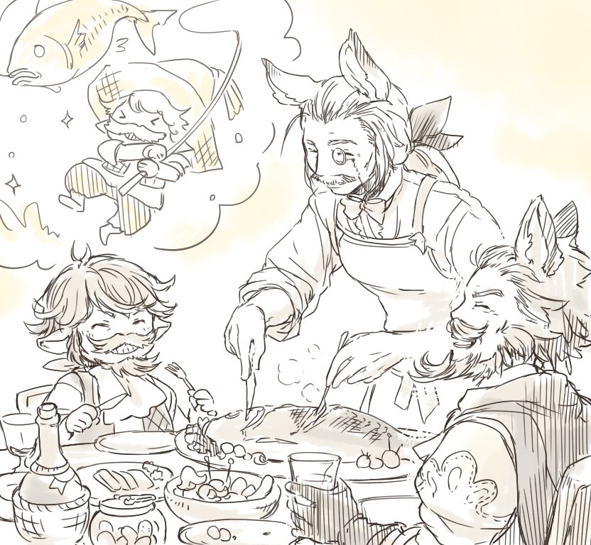 &gt;_&lt; 3boys alcohol animal_ears beard closed_eyes commentary commentary_request cup drinking_glass erun_(granblue_fantasy) facial_hair fish fishing fishing_rod fork gloves granblue_fantasy hair_slicked_back harbin hat hoshikuzushi keehar knife low_ponytail monocle multiple_boys mustache plate sepia sepia_background sevastian_(granblue_fantasy) smile sparkle steam table wine wine_glass yodarha_(granblue_fantasy)