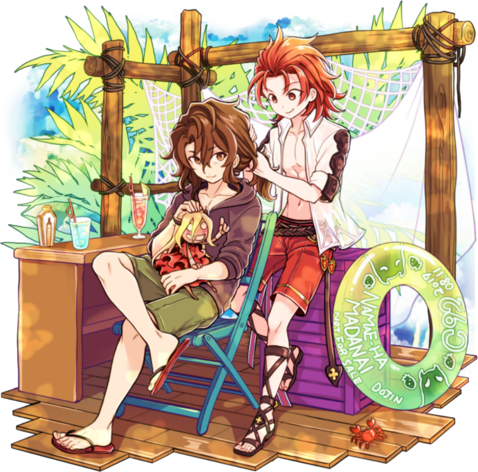 bendy_straw blue_sky braiding_hair brown_eyes brown_hair chair clouds crab dated day doll drink drinking_straw granblue_fantasy green_shorts hairdressing hood hood_down hoodie innertube long_hair navel net nonanemon orange_hair palm_tree percival_(granblue_fantasy) red_eyes red_shorts sandals see-through shorts siegfried_(granblue_fantasy) sitting sky tree wooden_floor