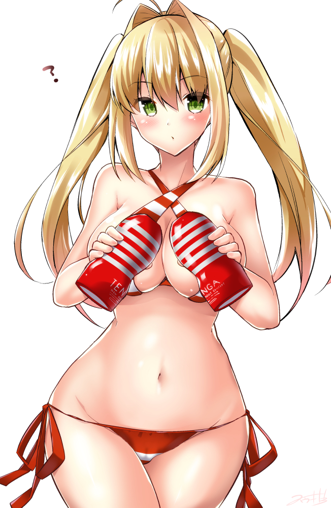 1girl :o ? ahoge bikini blush breasts eyebrows_visible_through_hair fate/grand_order fate_(series) green_eyes long_hair looking_at_viewer medium_breasts navel nero_claudius_(swimsuit_caster)_(fate) saber_extra side-tie_bikini simple_background solo standing striped striped_bikini swimsuit tenga twintails white_background yuuki_hb