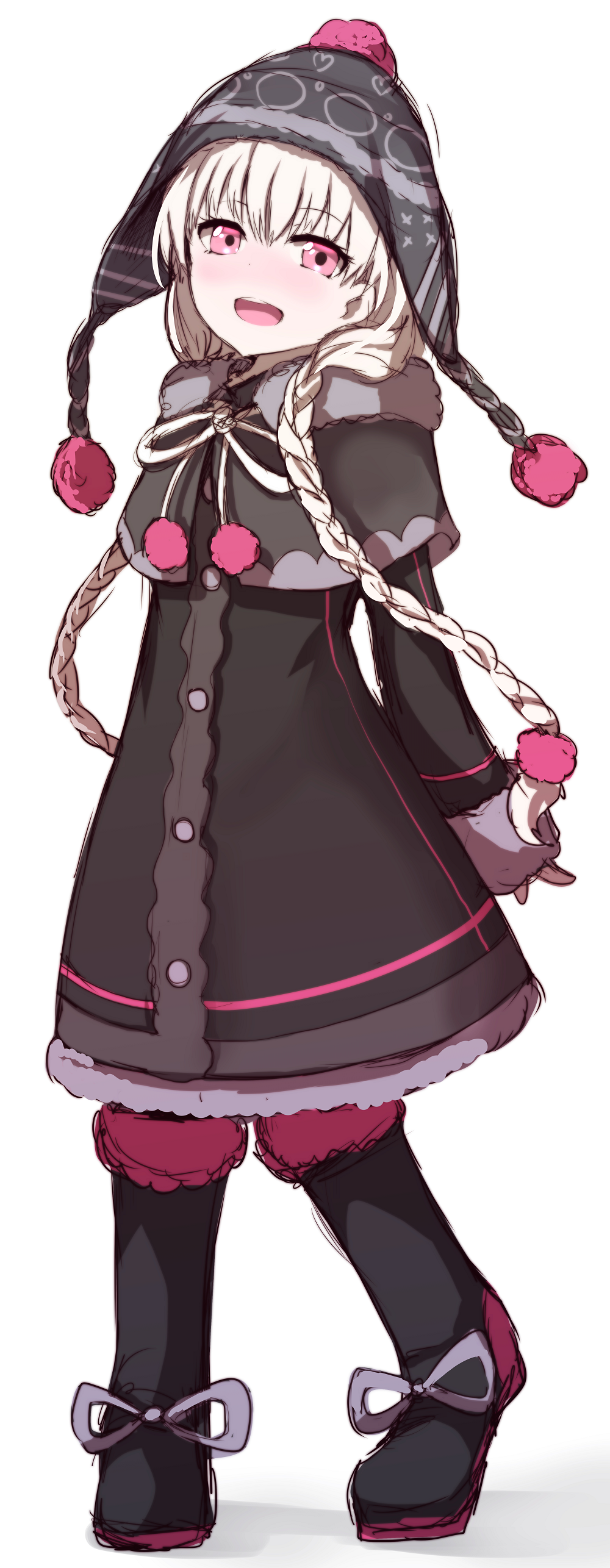 1girl :d absurdres alternate_costume arms_behind_back bangs beanie black_capelet black_coat black_footwear black_hat blush boots braid coat eyebrows_visible_through_hair fate/extra fate_(series) full_body fur-trimmed_boots fur-trimmed_capelet fur_trim hair_between_eyes hat head_tilt highres knee_boots long_hair long_sleeves looking_at_viewer low_twintails nose_blush nursery_rhyme_(fate/extra) open_mouth pink_eyes pom_pom_(clothes) simple_background sketch sleeves_past_wrists smile solo standing tiptoes twin_braids twintails very_long_hair wadakazu white_background winter_clothes winter_coat