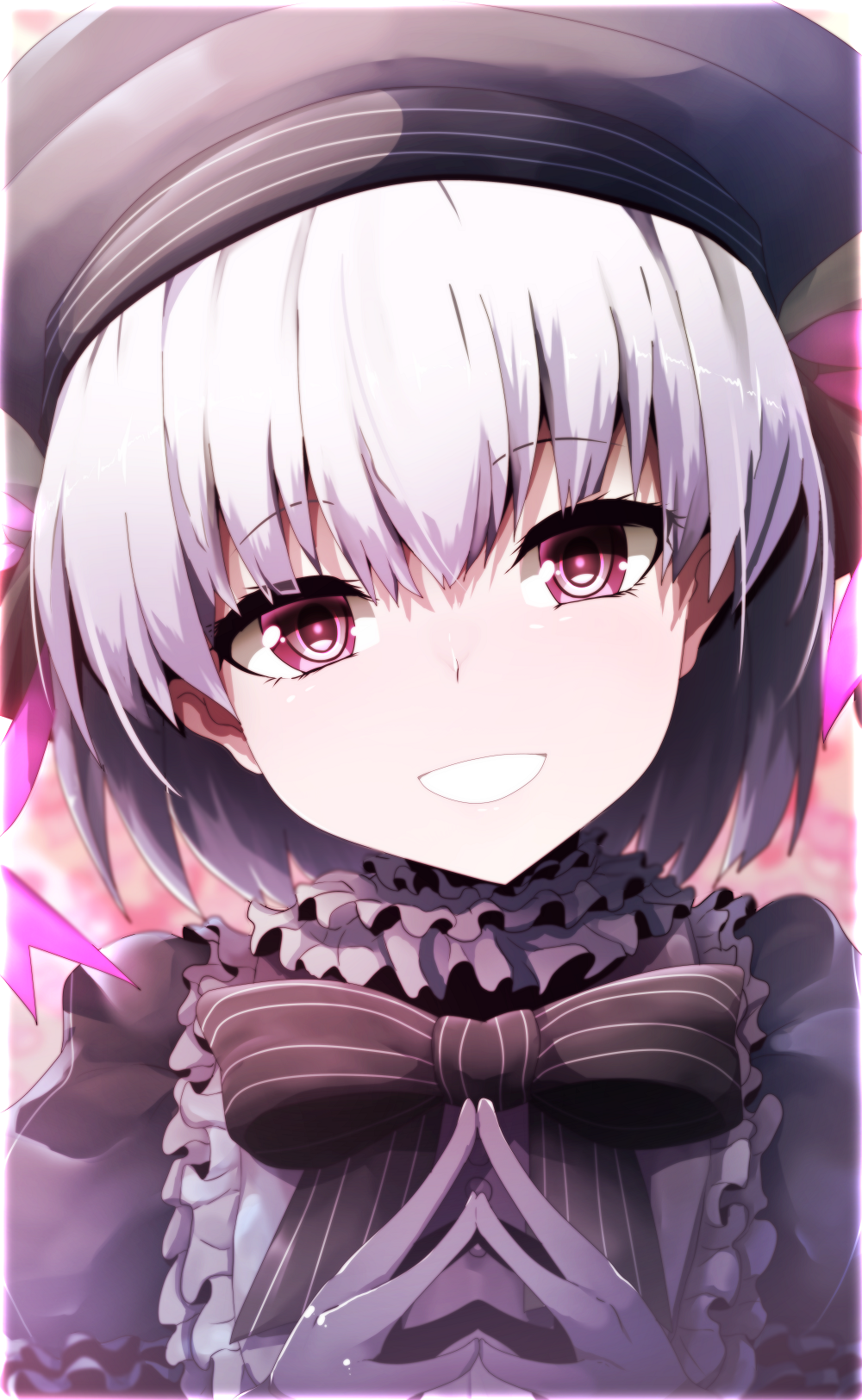 1girl :d bangs beret black_bow black_dress black_gloves black_hat bow collar dress eyebrows_visible_through_hair fate/extra fate_(series) frilled_collar frills gloves gothic_lolita hair_between_eyes hair_bow hat head_tilt highres lolita_fashion looking_at_viewer nursery_rhyme_(fate/extra) open_mouth puffy_short_sleeves puffy_sleeves short_sleeves silver_hair smile solo steepled_fingers striped striped_bow violet_eyes wadakazu