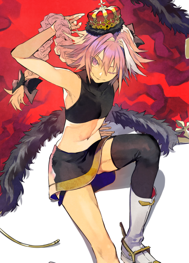 1boy ;) androgynous bangs black_bow black_legwear black_skirt bow braid cloak closed_mouth crop_top crown fang fate/apocrypha fate/grand_order fate_(series) fur_trim garter_straps hair_between_eyes hair_bow hair_intakes hair_ribbon knee_up long_hair looking_at_viewer male_focus midriff navel nozaki_tsubata one_eye_closed pink_hair ribbon rider_of_black sidelocks single_braid single_thighhigh sitting skirt sleeveless smile solo thigh-highs tsurime violet_eyes