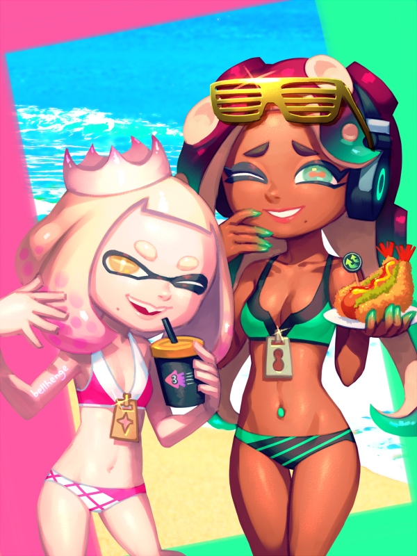 2girls ;d aqua_eyes aqua_hair artist_name beach bellhenge bikini breasts cleavage cowboy_shot crown dark_skin day domino_mask food hime_(splatoon) hot_dog iida_(splatoon) long_hair looking_at_viewer makeup mascara mask mini_crown mole mole_under_mouth multicolored_hair multiple_girls navel navel_piercing ocean octarian one_eye_closed open_mouth piercing pink_hair purple_hair short_hair smile sparkle splatoon splatoon_2 summer sunglasses sunglasses_on_head swimsuit tentacle_hair thigh_gap two-tone_hair water white_hair yellow_eyes zipper zipper_pull_tab