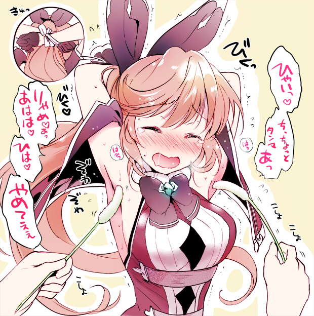 1girl armpits arms_up black_gloves blush bound bound_arms breasts brown_hair clarisse_(granblue_fantasy) closed_eyes gloves granblue_fantasy hair_ribbon kurimomo long_hair medium_breasts open_mouth ponytail ribbon sleeveless smile sweat tears tickling translation_request vest