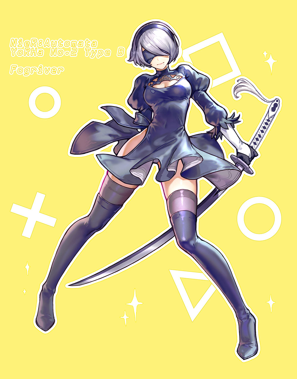 1girl artist_name black_dress black_gloves black_legwear blush breasts character_name cleavage copyright_name dress facing_viewer fogriver gloves hairband highres holding holding_sword holding_weapon katana mole mole_under_mouth nier_(series) nier_automata puffy_sleeves short_hair silver_hair solo sword thigh-highs weapon yorha_no._2_type_b