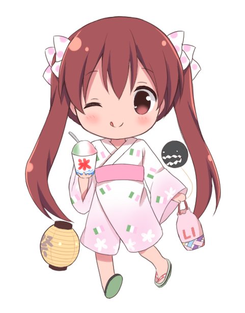 1girl ;q alternate_hairstyle blush bow brown_eyes brown_hair chatsune_(white_lolita) chibi commentary_request flag_print food hair_bow ice_cream italian_flag japanese_clothes kantai_collection kimono lantern libeccio_(kantai_collection) long_hair one_eye_closed paper_lantern sandals simple_background tongue tongue_out translated twintails white_background yukata