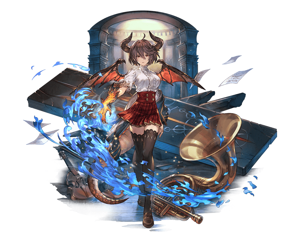 1girl bangs black_legwear blazer breasts brown_hair dragon_horns dragon_tail dragon_wings fire full_body granblue_fantasy grea_(shingeki_no_bahamut) horns instrument jacket large_breasts looking_at_viewer minaba_hideo official_art pointy_ears red_eyes shirt shoes short_hair skirt solo tail thigh-highs torn_clothes transparent_background trombone violin wings