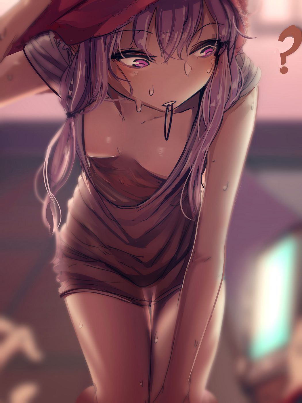 1girl at2. bent_over breasts highres long_hair purple_hair sleeveless solo sweat teeth violet_eyes voiceroid yuzuki_yukari