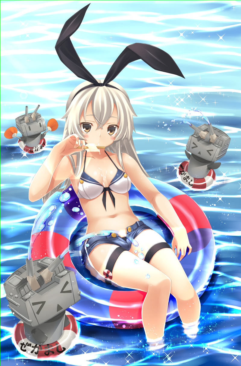 1girl bikini blonde_hair blush_stickers border fan floating food front-tie_bikini front-tie_top hairband highres ice_cream innertube kantai_collection lifebuoy long_hair looking_at_viewer lying minase_yuu open_clothes open_shorts rensouhou-chan sailor_bikini sailor_collar shimakaze_(kantai_collection) short_shorts shorts soaking_feet sparkle swimsuit thigh_strap water yellow_eyes