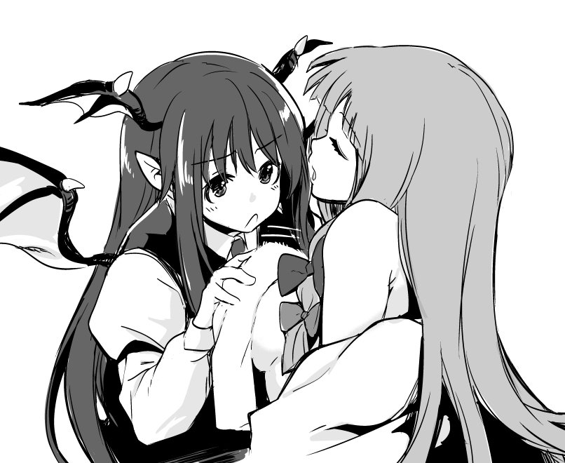 2girls bangs blush bow breasts closed_eyes collared_shirt commentary_request demon_wings eyebrows_visible_through_hair greyscale hair_bow head_wings juliet_sleeves koakuma large_breasts lefthand long_hair long_sleeves monochrome multiple_girls open_mouth patchouli_knowledge pointy_ears profile puffy_sleeves shirt sideboob sidelocks simple_background touhou towel upper_body white_background wings wiping