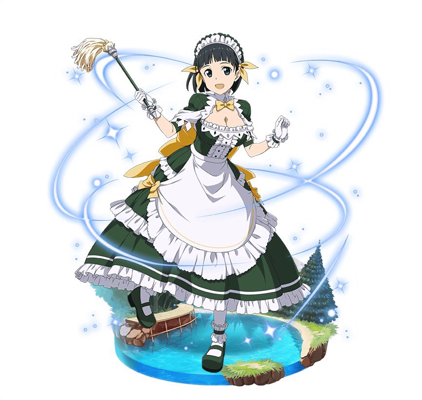 1girl :d apron black_eyes black_hair bow bowtie breasts cleavage dress frilled_dress frills full_body gloves green_dress green_shoes hair_ribbon holding kirigaya_suguha large_breasts layered_dress looking_at_viewer maid_headdress one_leg_raised open_mouth ribbon shoes short_hair simple_background smile solo standing standing_on_one_leg sword_art_online white_apron white_background white_gloves white_legwear yellow_bow yellow_bowtie yellow_ribbon