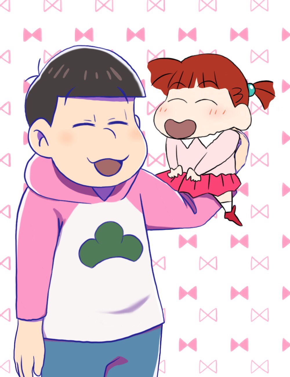 1boy 1girl black_hair blush child company_connection crayon_shin-chan crossover futabasha happy kodansha matsuno_todomatsu open_mouth osomatsu-kun osomatsu-san pink_(pixiv_id_22708649) pink_shirt pixiv publisher_difference redhead ribbon sakurada_nene shin-ei_animation shogakukan smile studio_pierrot teenage trait_connection