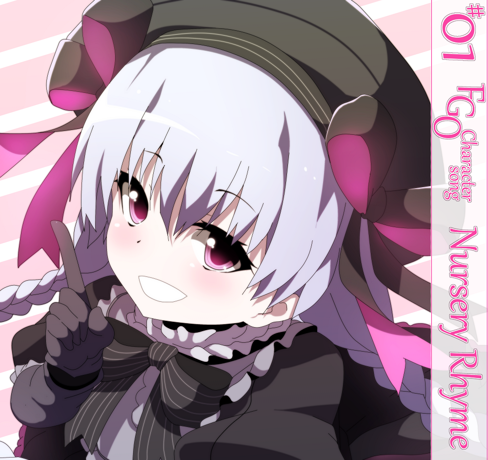 1girl :d bangs beret black_bow black_dress black_gloves black_hat blush bow braid character_name collar copyright_name doll_joints dress eyebrows_visible_through_hair fate/extra fate_(series) frilled_collar frills gloves gothic_lolita hair_between_eyes hair_bow hand_up hat head_tilt index_finger_raised lolita_fashion looking_at_viewer low_twintails nursery_rhyme_(fate/extra) open_mouth puffy_short_sleeves puffy_sleeves short_sleeves silver_hair smile solo striped striped_bow twin_braids twintails violet_eyes wadakazu