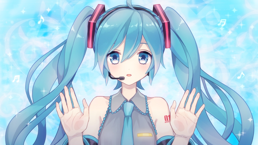 1girl against_glass ahoge akiyoshi_(tama-pete) arm_tattoo bare_shoulders beamed_semiquavers black_hairband blue_background blue_eyes blue_hair blue_necktie commentary_request detached_sleeves grey_shirt hair_between_eyes hair_ornament hairband hands_up hatsune_miku headset light_smile long_hair long_sleeves musical_note necktie number_tattoo palms parted_lips quaver shirt sleeveless sleeveless_shirt solo tareme tattoo twintails upper_body very_long_hair vocaloid