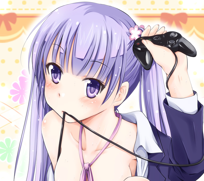 1girl arino_hiroshi blush breasts collarbone eyebrows_visible_through_hair holding long_hair mouth_hold neck_ribbon new_game! pink_ribbon purple_hair ribbon sideboob small_breasts solo suzukaze_aoba twintails upper_body violet_eyes