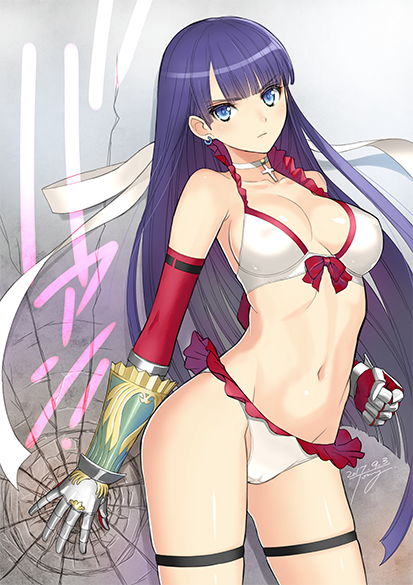 &gt;:( 1girl bangs bikini blue_eyes blunt_bangs breasts choker cleavage contrapposto cowboy_shot cracked_wall elbow_gloves eyebrows_visible_through_hair fate/grand_order fate_(series) gauntlets gloves gluteal_fold hand_on_wall jewelry long_hair looking_at_viewer medium_breasts navel pink_gloves purple_hair rosary saint_martha saint_martha_(swimsuit_ruler)_(fate) single_earring skindentation solo swimsuit tanaka_takayuki thigh_strap very_long_hair white_bikini