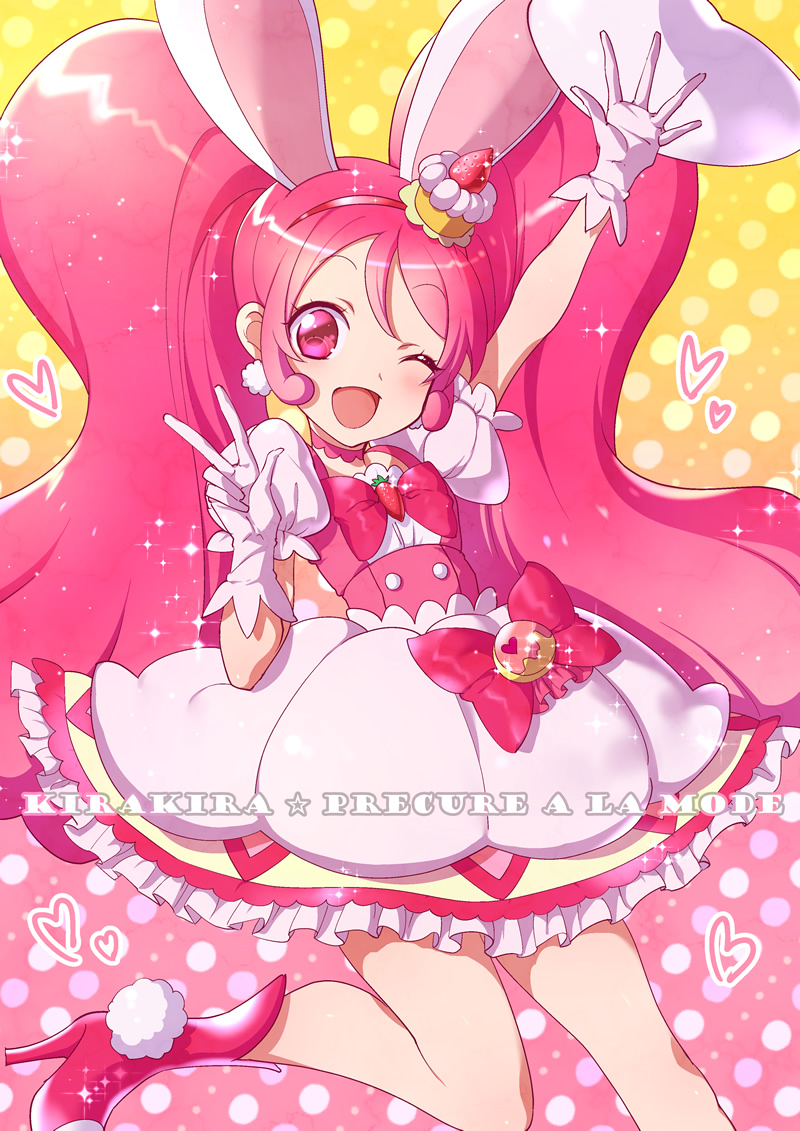 1girl ;d animal_ears arm_up bow cake_hair_ornament copyright_name cure_whip dress extra_ears female food_themed_hair_ornament frills gloves gradient gradient_background hair_ornament hairband heart kirakira_precure_a_la_mode long_hair looking_at_viewer magical_girl one_eye_closed open_mouth pink_background pink_bow pink_choker pink_eyes pink_hair pink_hairband pink_shoes precure rabbit_ears shoes smile solo sparkle standing standing_on_one_leg tsuru_ringo twintails usami_ichika v white_dress white_gloves yellow_background