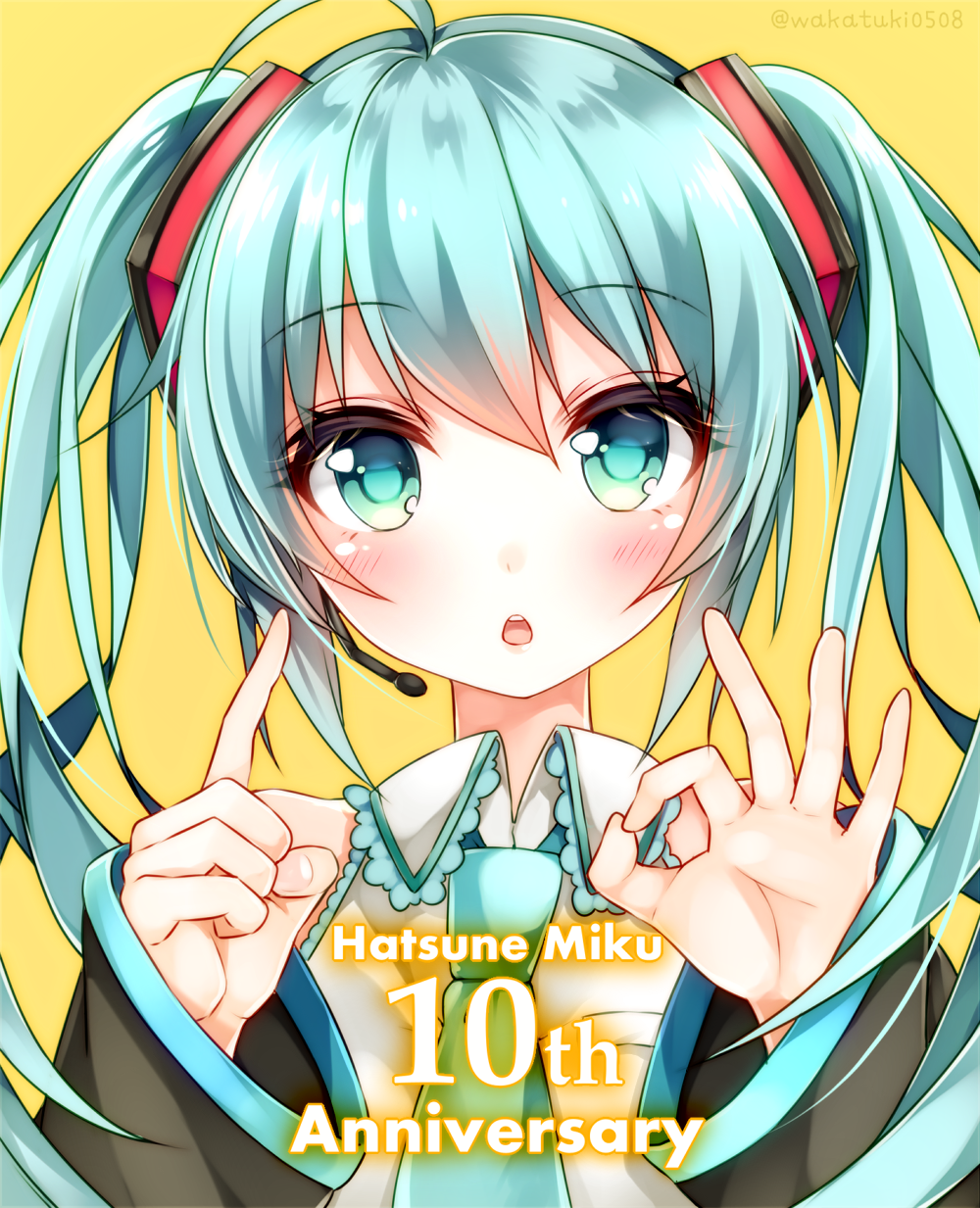 1girl ahoge anniversary aqua_eyes aqua_hair bangs character_name green_eyes hatsune_miku headset highres long_hair looking_at_viewer necktie open_mouth solo twintails twitter_username vocaloid wakatsuki_you yellow_background