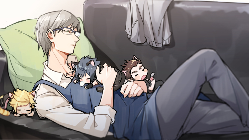 4boys animal_ears apron black_hair cat cat_ears cat_tail couch final_fantasy final_fantasy_xv gladiolus_amicitia glasses hair_down ignis_scientia kemonomimi_mode kitten male_focus mintgreen0913 multiple_boys noctis_lucis_caelum nose_bubble pillow prompto_argentum sleeping tail