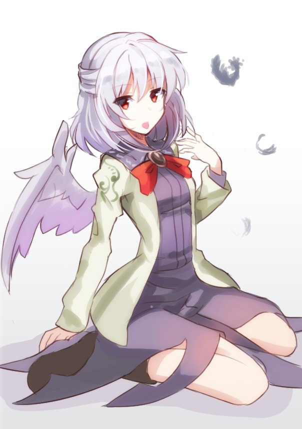 1girl bangs boots bow bowtie brown_boots dress eyebrows_visible_through_hair feathers full_body hair_between_eyes jacket kishin_sagume long_sleeves looking_at_viewer open_clothes open_jacket orange_eyes purple_dress red_bow red_bowtie rin_falcon simple_background single_wing sitting solo tongue tongue_out touhou white_background white_hair white_jacket white_wings wings